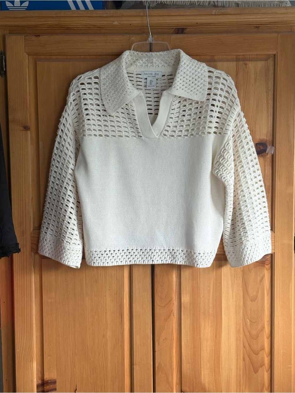Rachel Zoe Cream Open-Weave Collared V-Neck Sweater